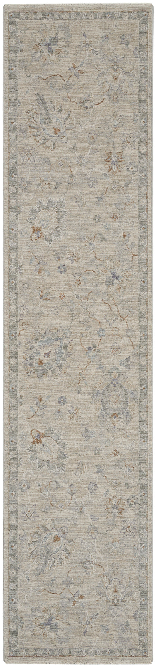 Beige floral runner rug with muted blue accents and decorative border; vintage, long narrow shape.