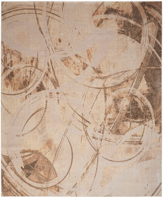 Abstract beige area rug with taupe-brown circular loop patterns; modern contemporary decor.