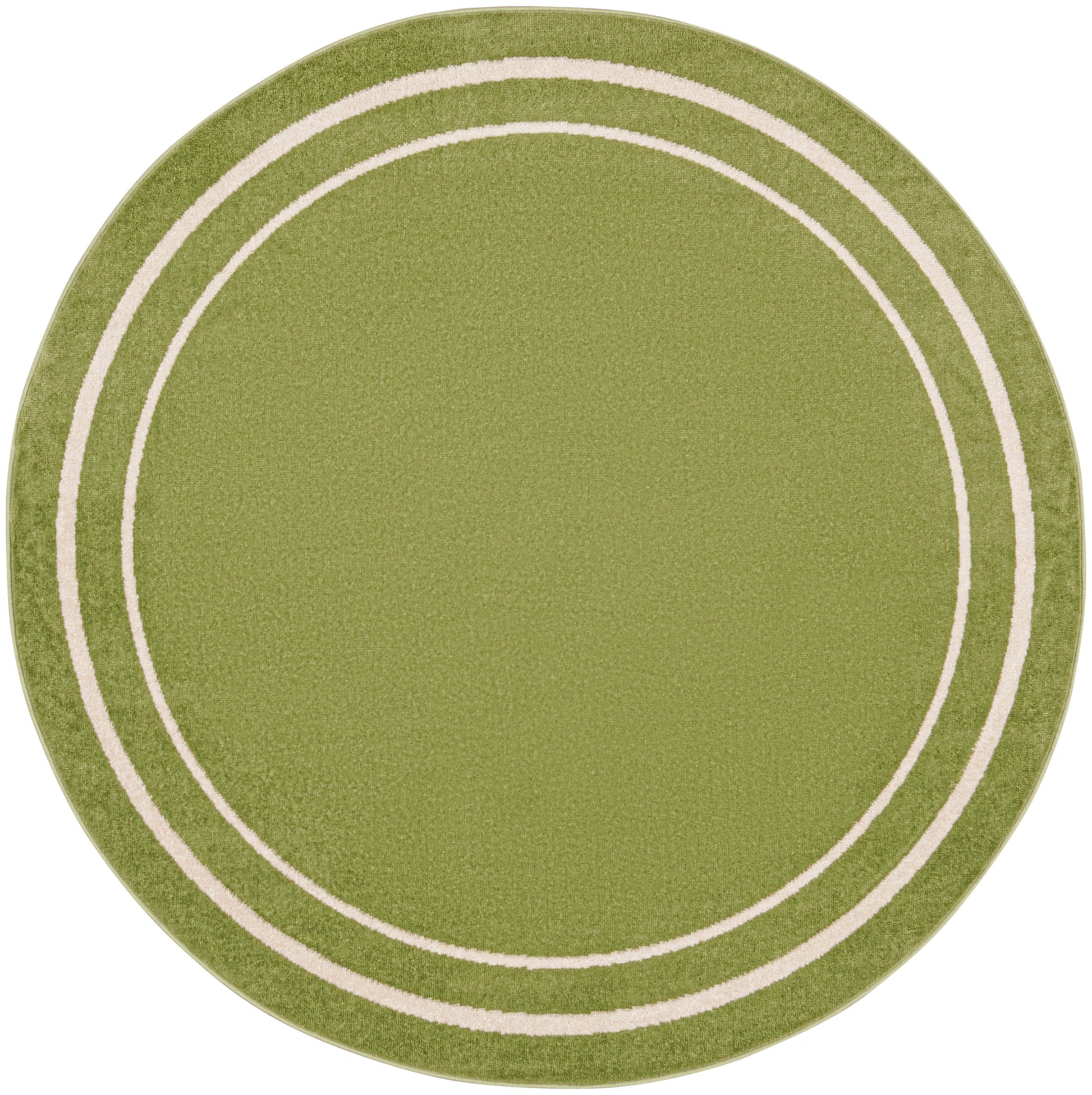 Round olive-green rug with cream concentric rings and a textured surface.