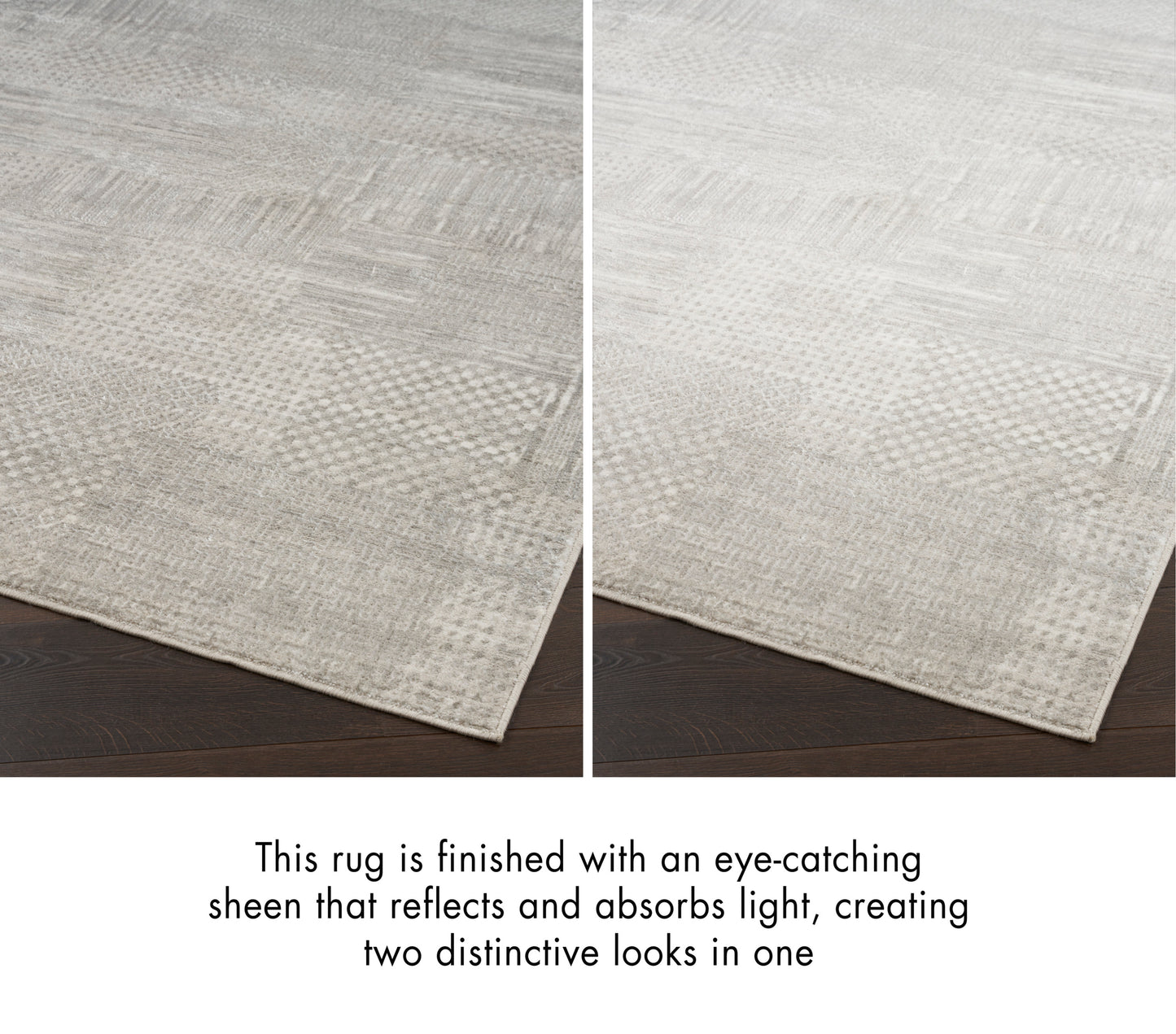 Light gray rectangular area rug with subtle patchwork texture and a dual-tone sheen that shifts with light.