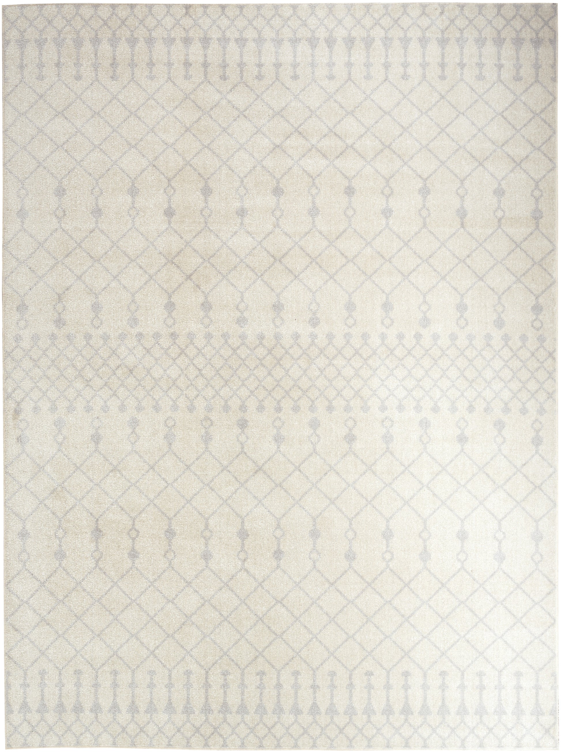 Cream rug with a soft gray lattice pattern and subtle dot motifs; rectangular, neutral decor piece.