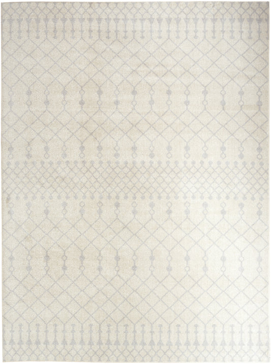 Cream rug with a soft gray lattice pattern and subtle dot motifs; rectangular, neutral decor piece.