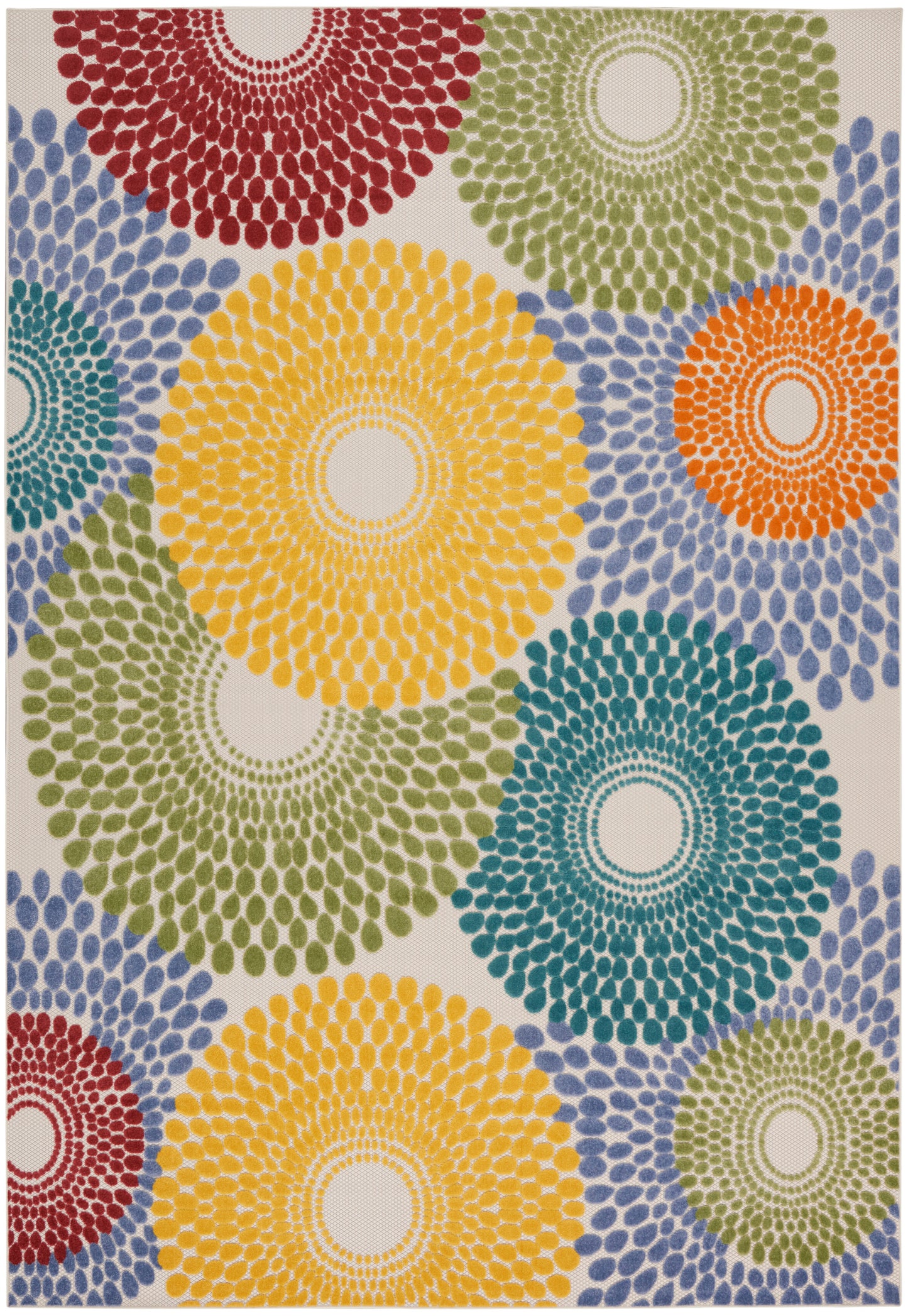 Colorful circular dot-motif rug featuring large sunburst circles in red, yellow, teal, orange and blue on beige background.