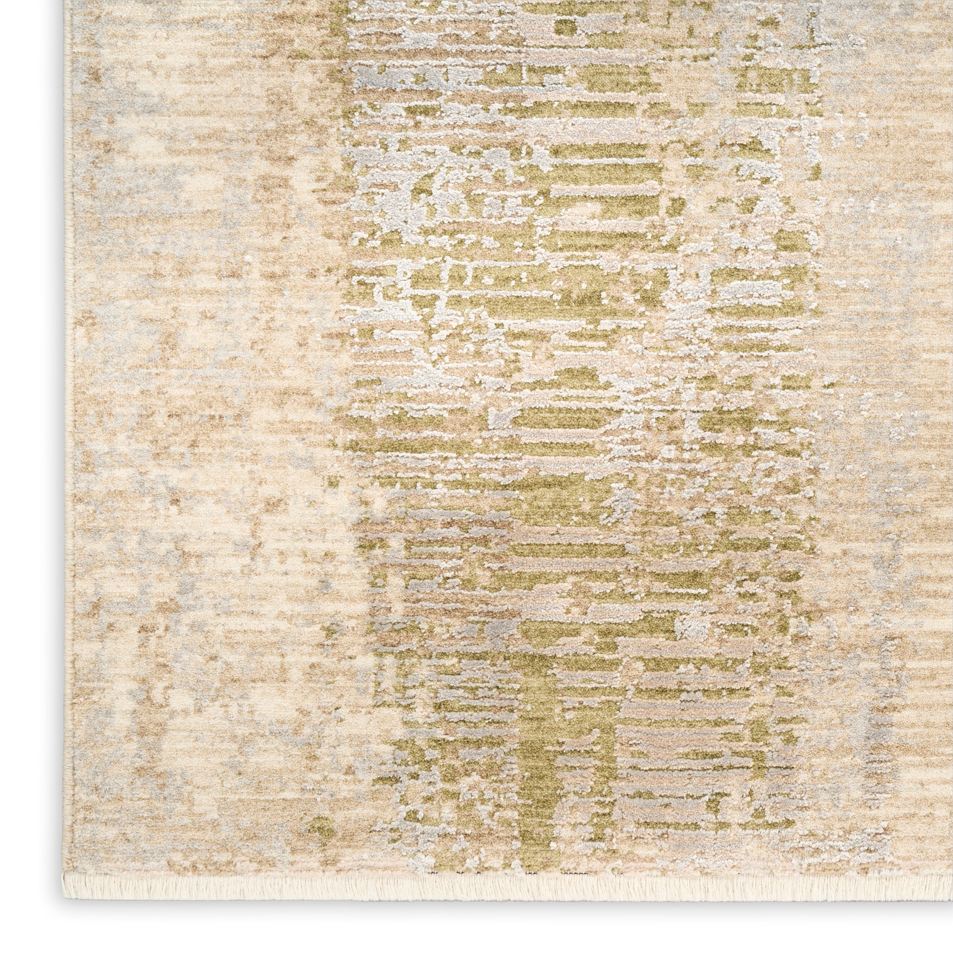 Beige area rug with distressed olive-green vertical stripe, woven texture and fringe edge.