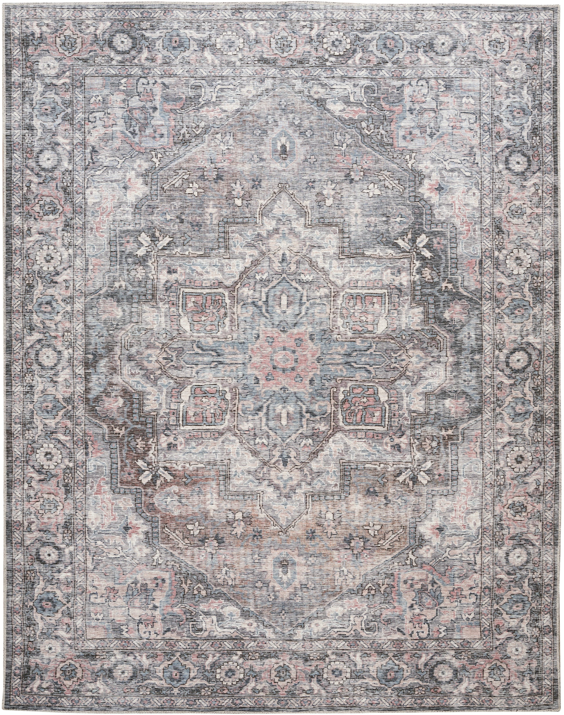 Distressed blue-gray Persian-style rug with central medallion, ivory and pink accents, ornate floral border.