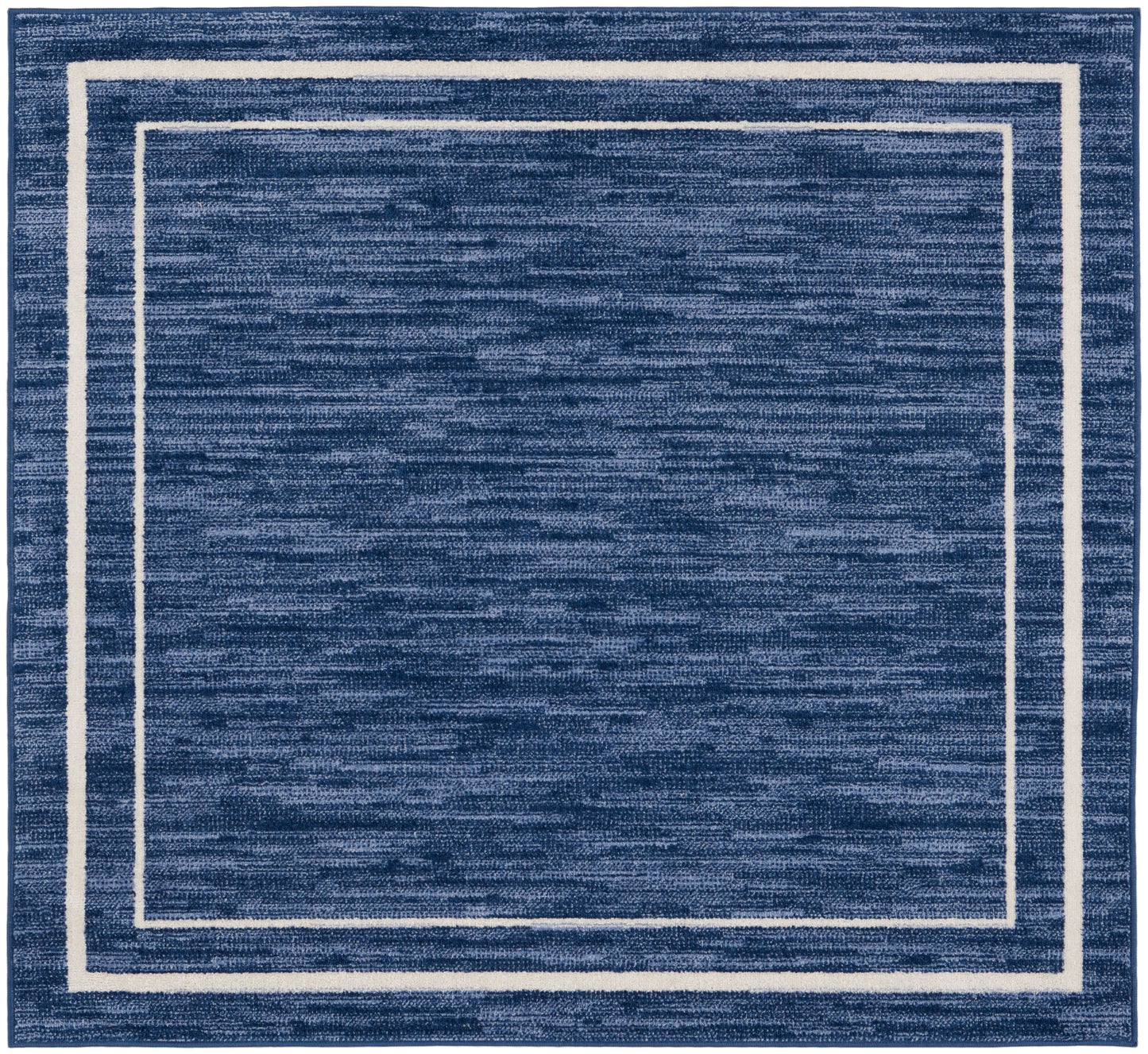 Square navy blue area rug with a white double border framing, plush textured surface, 5' x 5'.