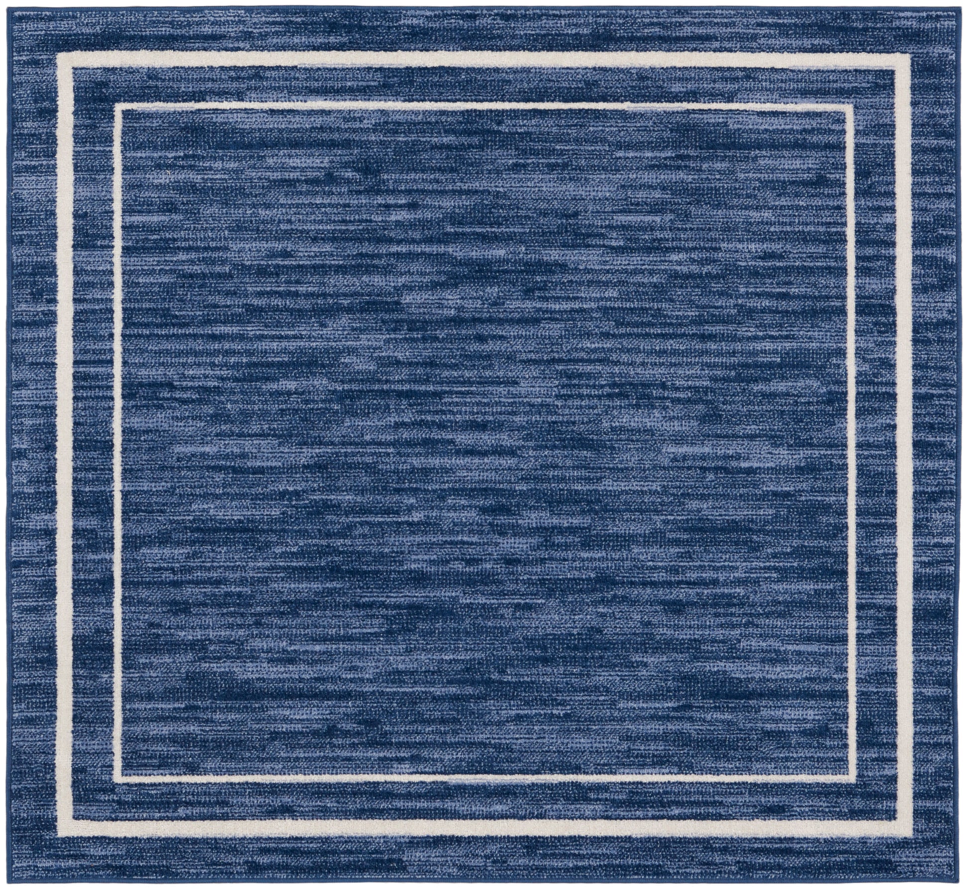 Square navy blue area rug with a white double border framing, plush textured surface, 5' x 5'.