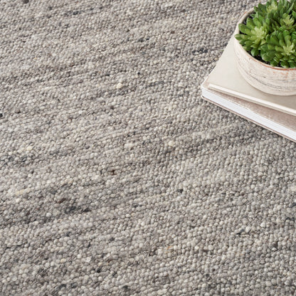Gray boucle rug with speckled texture, stacked books topped by a small round planter with a green succulent.