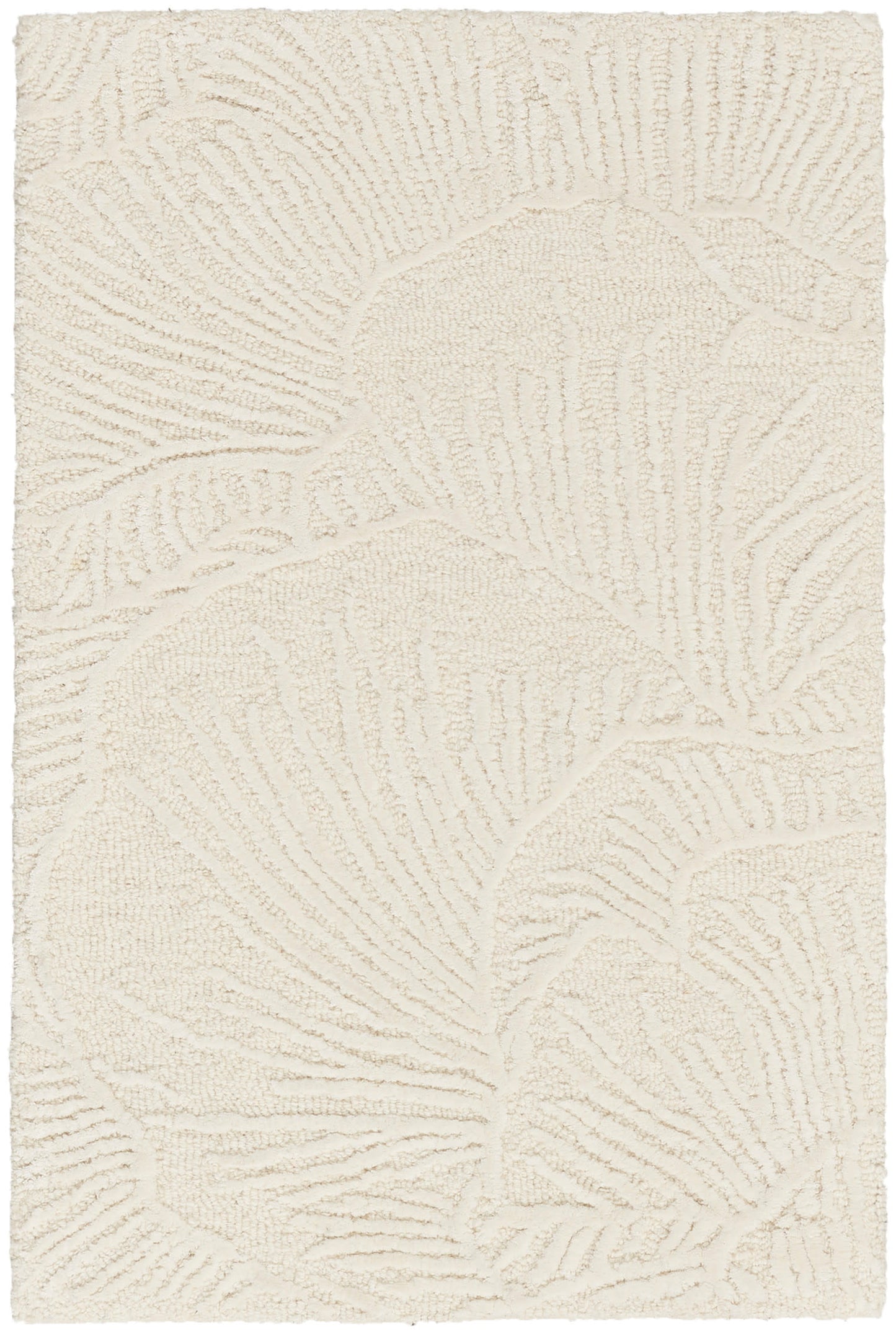 Ivory textured area rug with embossed palm leaf pattern; soft woven pile.