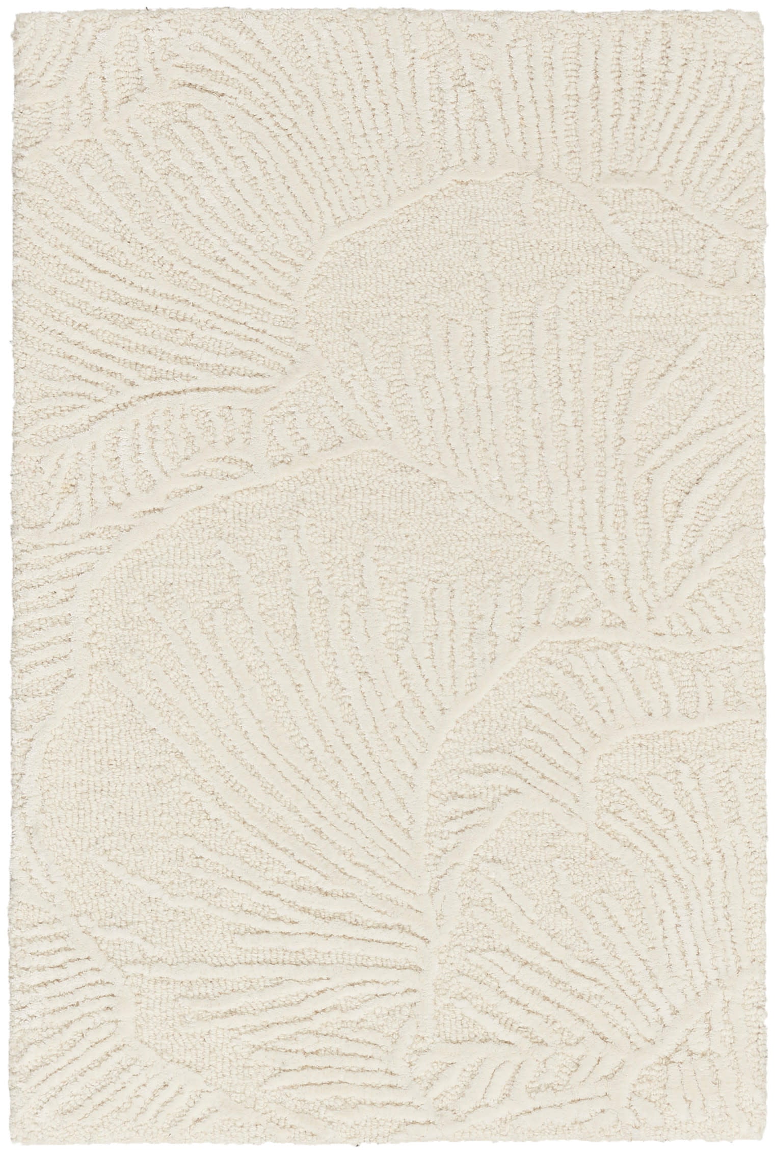 Ivory textured area rug with embossed palm leaf pattern; soft woven pile.