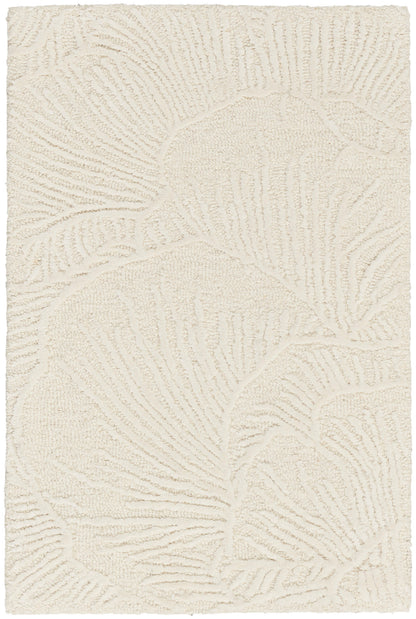 Ivory textured area rug with embossed palm leaf pattern; soft woven pile.