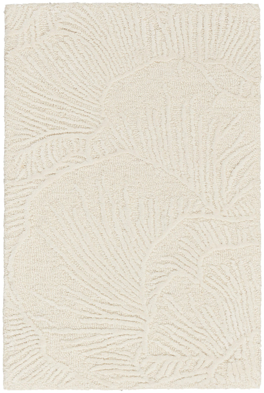 Ivory textured area rug with embossed palm leaf pattern; soft woven pile.