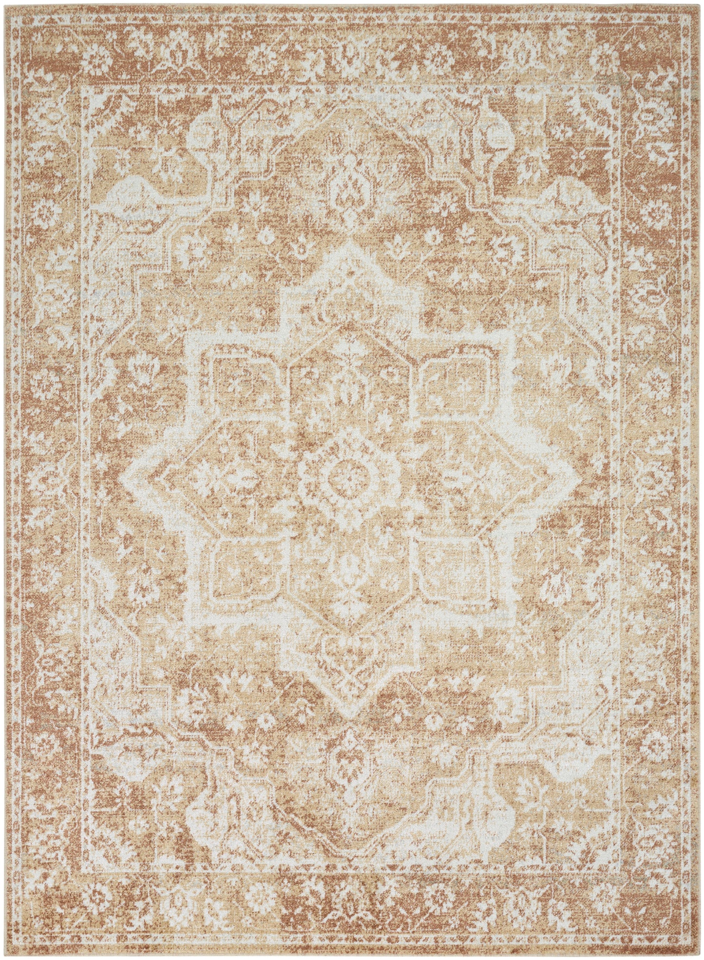 Cream-tan distressed oriental rug with a large central medallion and ornate floral border.