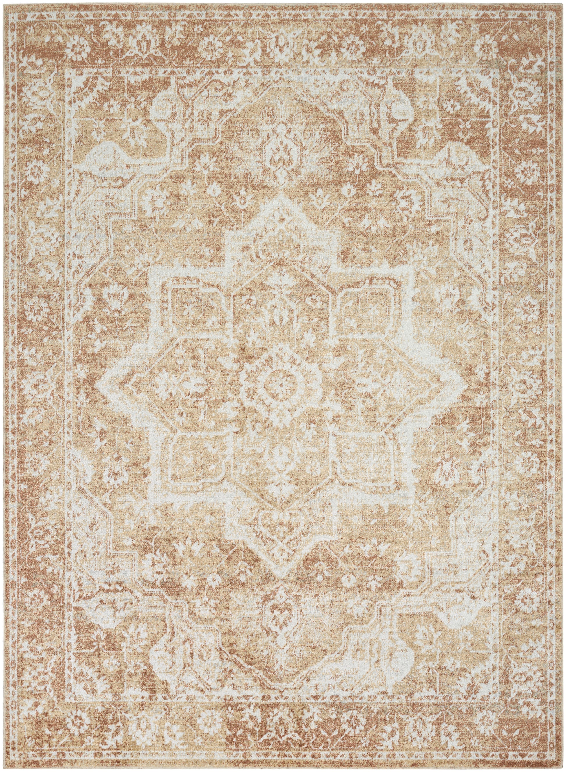 Cream-tan distressed oriental rug with a large central medallion and ornate floral border.