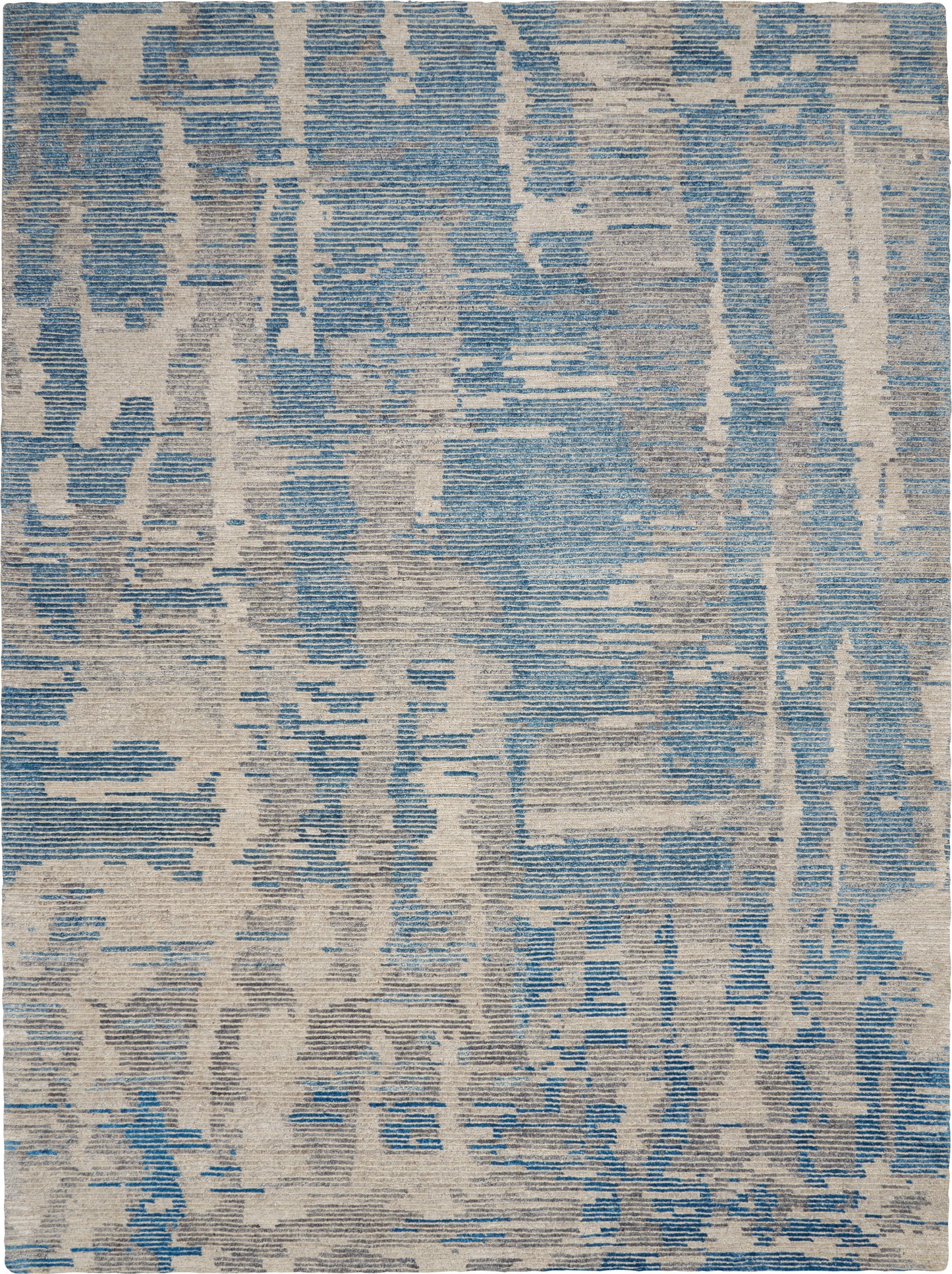 Rectangular abstract area rug with blue and beige brushstroke pattern, flat-weave texture, modern decor.