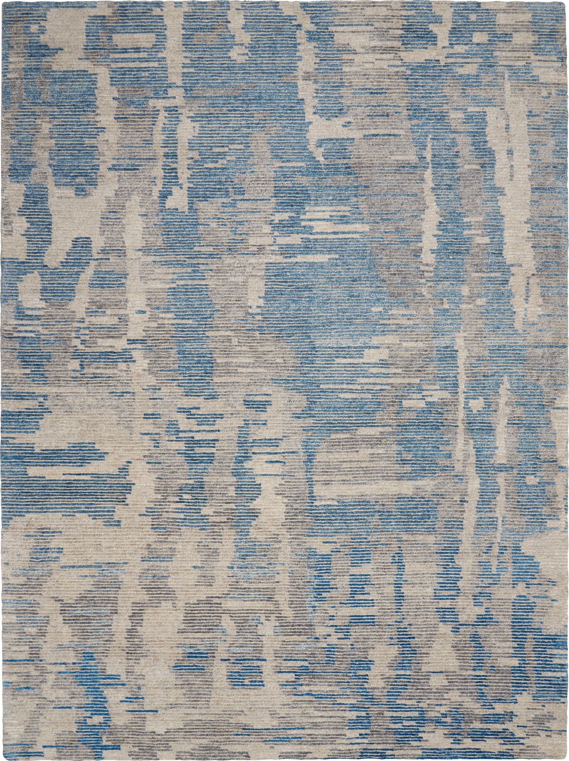 Rectangular abstract area rug with blue and beige brushstroke pattern, flat-weave texture, modern decor.