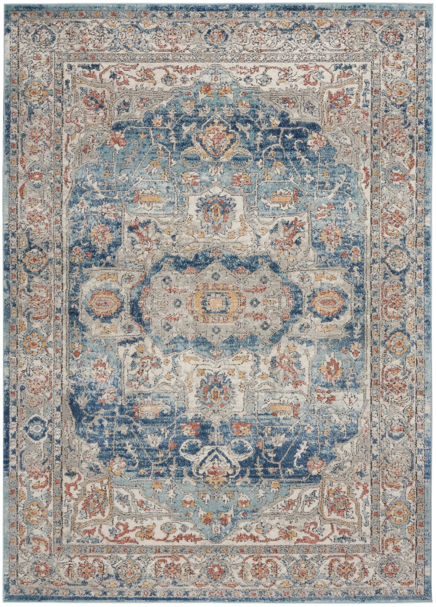 Rectangular Persian-style area rug with blue, ivory, and rust tones, central medallion and ornate floral border.