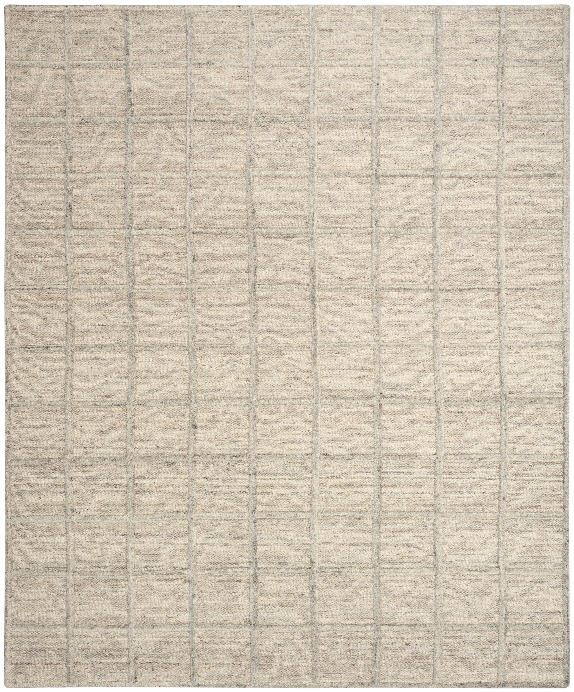 Beige rectangular woven rug with subtle grid pattern; neutral, versatile floor covering for living room or bedroom.