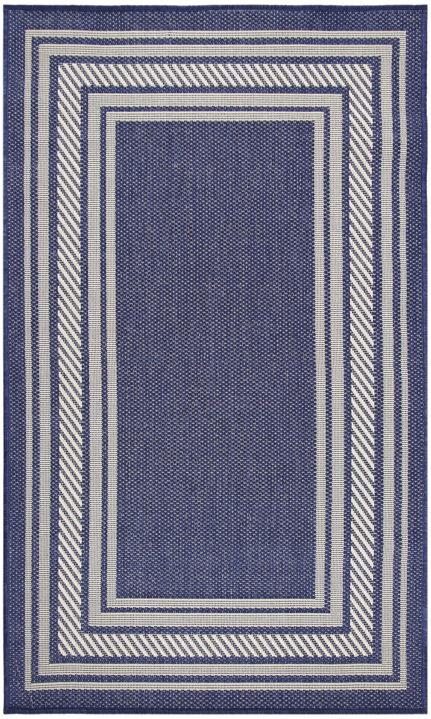 Indigo blue woven area rug with ivory stripes and layered rectangular borders in a geometric frame pattern.