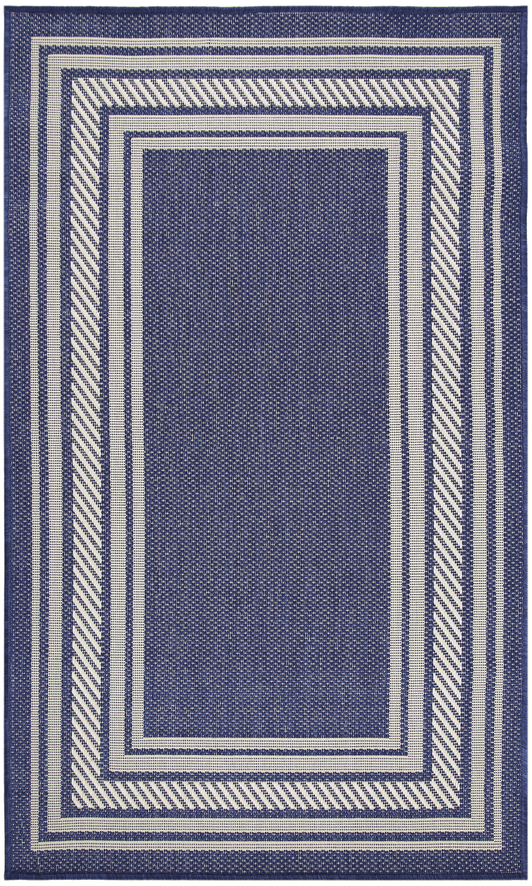 Indigo blue woven area rug with ivory stripes and layered rectangular borders in a geometric frame pattern.