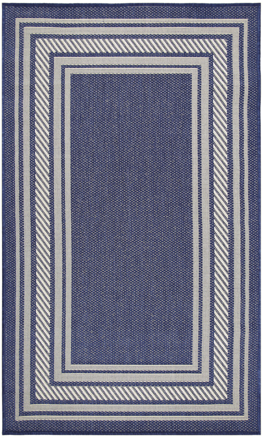 Indigo blue woven area rug with ivory stripes and layered rectangular borders in a geometric frame pattern.