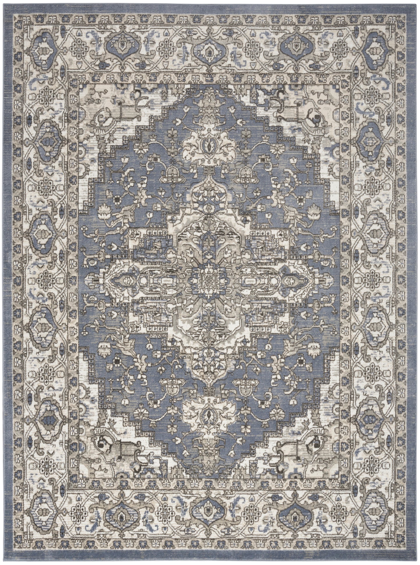 Blue-gray oriental rug with ivory border and an intricate floral medallion motif.