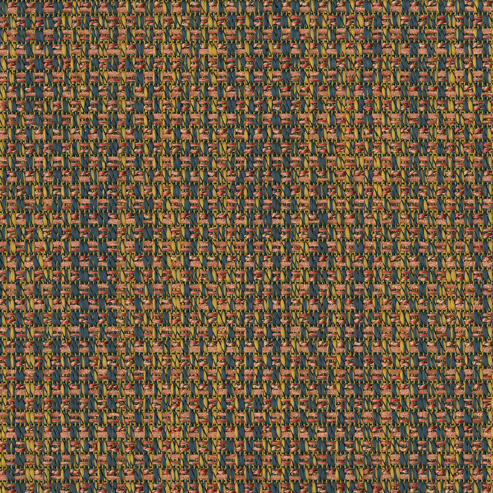 Close-up of multicolored basketweave fabric in yellow, orange, blue and green hues; textured woven textile.