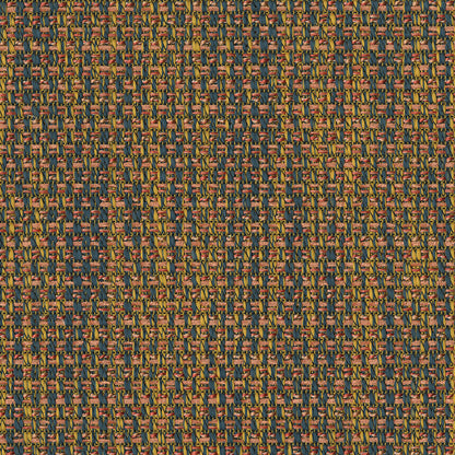 Close-up of multicolored basketweave fabric in yellow, orange, blue and green hues; textured woven textile.