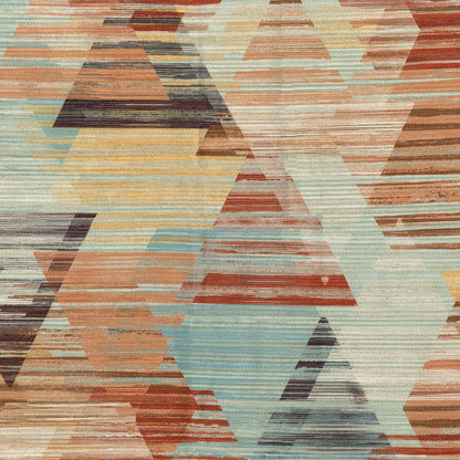 Geometric fabric featuring orange, teal, cream and rust triangle patterns.