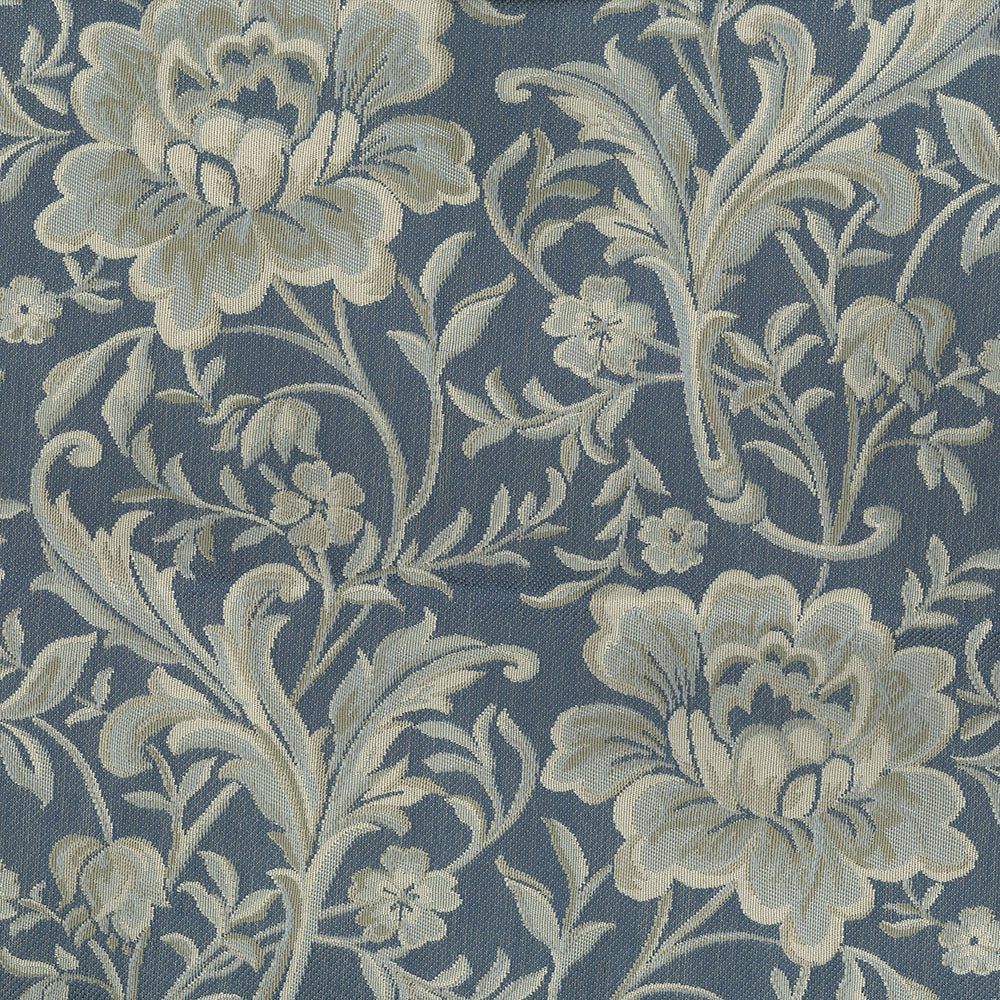 Blue background with cream-beige damask floral pattern, ornate vintage upholstery and drapery fabric.