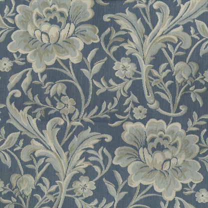 Blue background with cream-beige damask floral pattern, ornate vintage upholstery and drapery fabric.