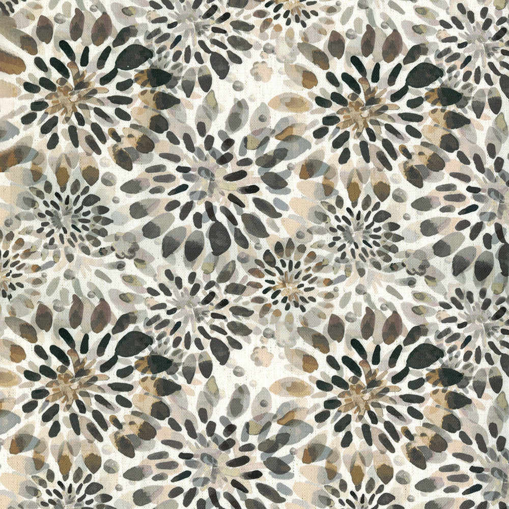 Neutral burst pattern in gray, taupe and beige on cream background; fabric design.