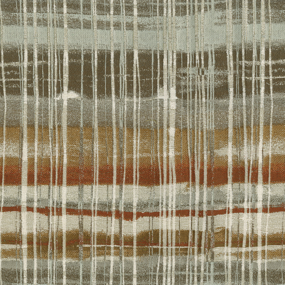 Muted ikat woven fabric in beige, gray, rust and brown; textured textile suitable as a throw.