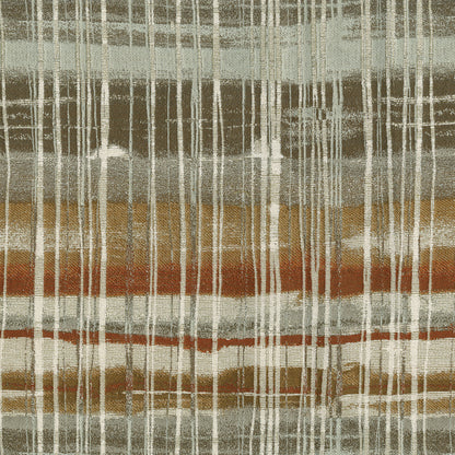 Muted ikat woven fabric in beige, gray, rust and brown; textured textile suitable as a throw.