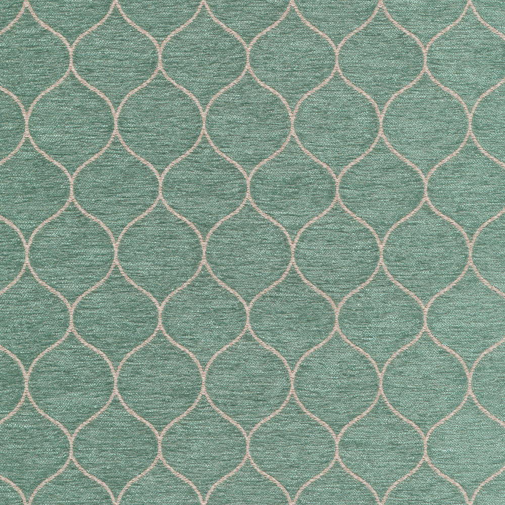Teal textured fabric with a pale pink interlocking trellis pattern of curved diamond shapes.