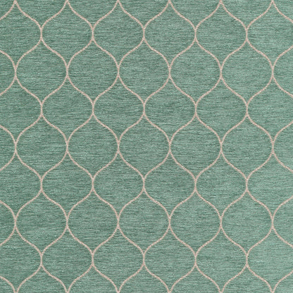 Teal textured fabric with a pale pink interlocking trellis pattern of curved diamond shapes.