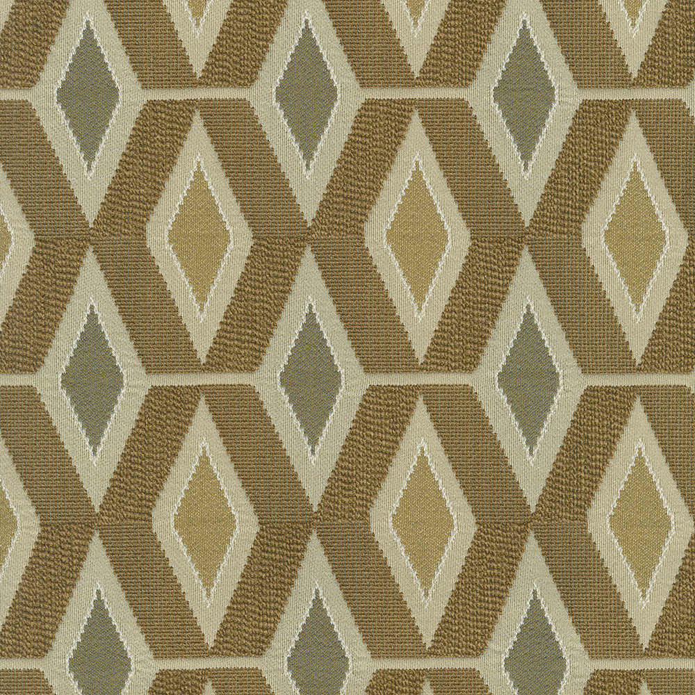 Geometric diamond lattice fabric in beige, tan, olive and cream tones; contemporary upholstery fabric.