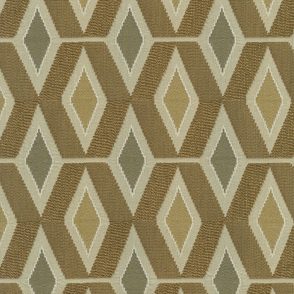 Geometric diamond lattice fabric in beige, tan, olive and cream tones; contemporary upholstery fabric.