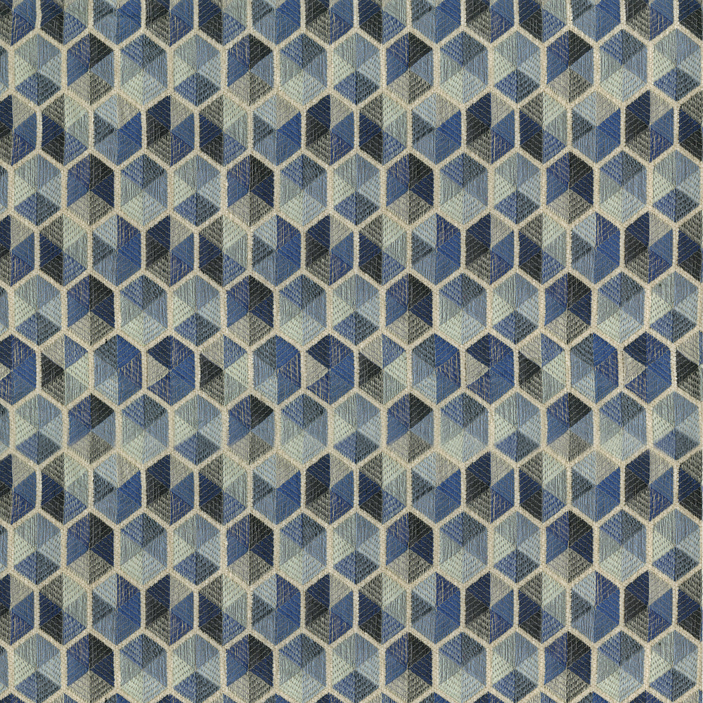 Blue geometric cube pattern with interlocking prism shapes in denim blues; textile texture.