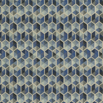 Blue geometric cube pattern with interlocking prism shapes in denim blues; textile texture.
