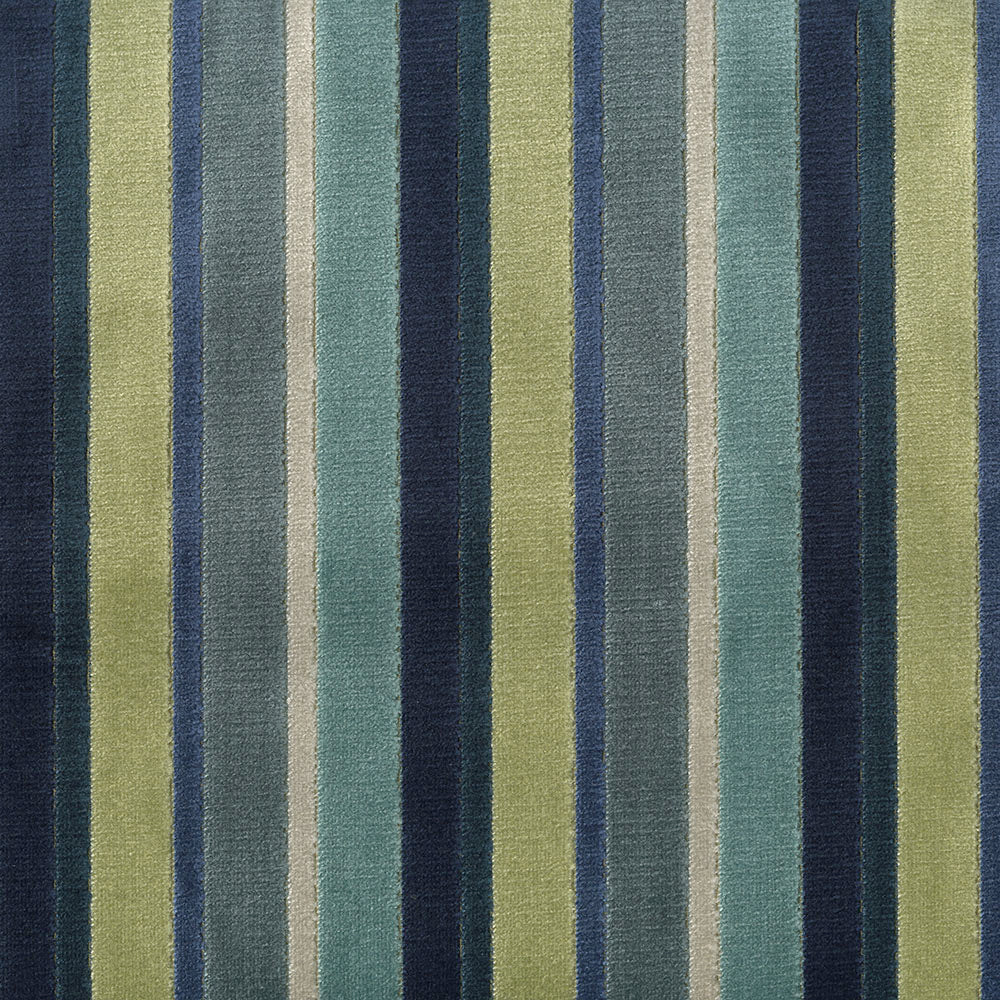 Striped woven rug with vertical lime, olive, teal, gray, blue and navy stripes.
