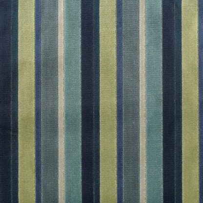 Striped woven rug with vertical lime, olive, teal, gray, blue and navy stripes.