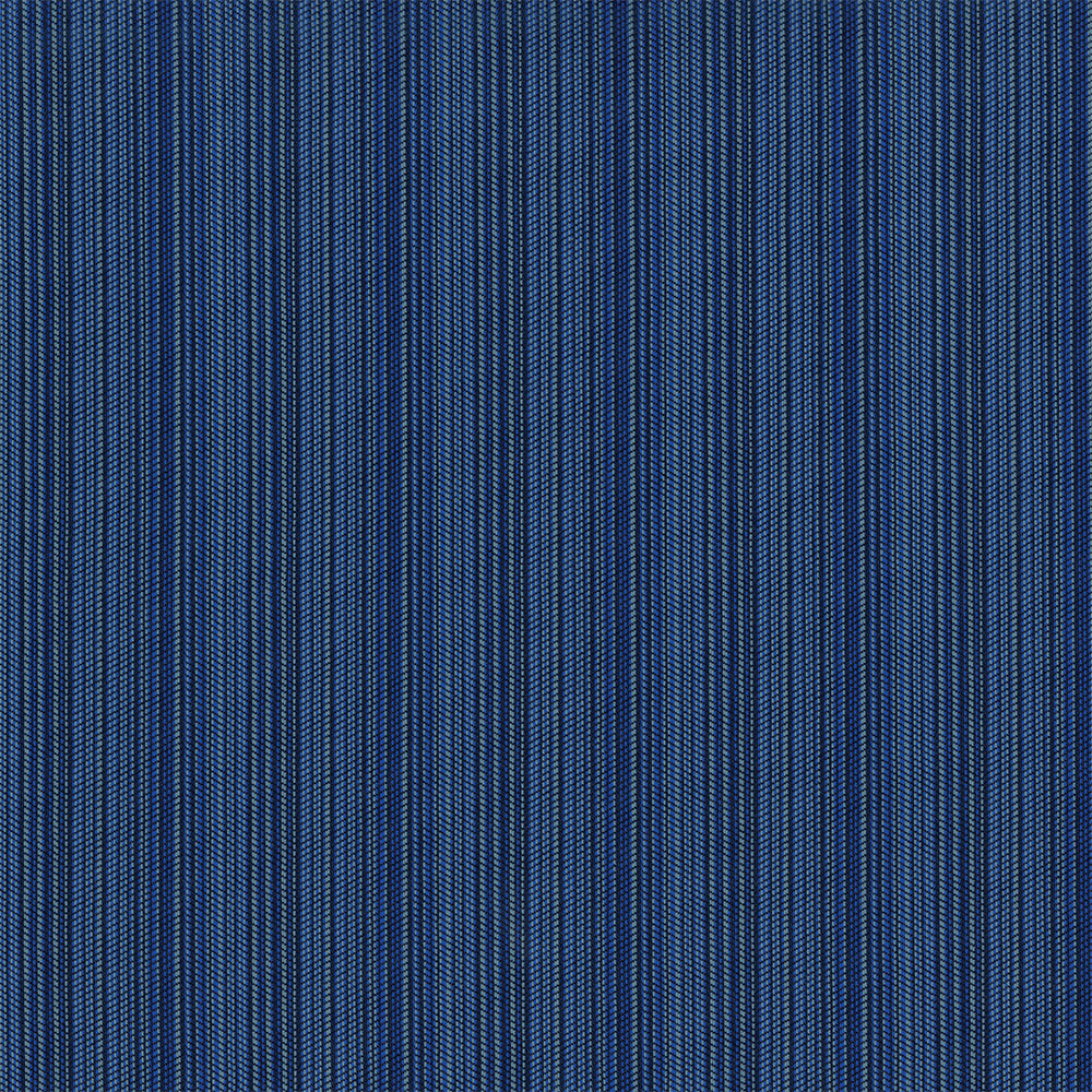 Close-up of blue striped fabric with dark indigo base and fine pale blue pinstripes; textured woven pattern.