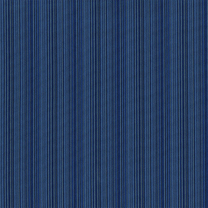 Close-up of blue striped fabric with dark indigo base and fine pale blue pinstripes; textured woven pattern.