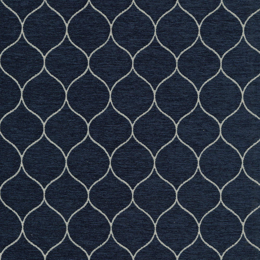 Navy blue fabric with pale gray curved lattice trellis geometric pattern and woven texture.