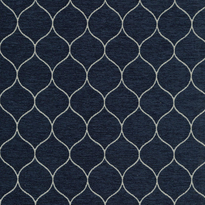 Navy blue fabric with pale gray curved lattice trellis geometric pattern and woven texture.