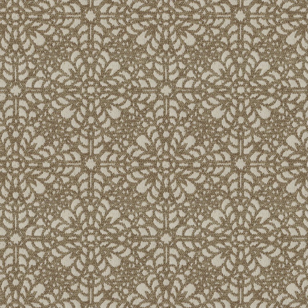 Beige taupe damask floral lattice jacquard fabric with repeating rosette motifs; elegant upholstery texture.