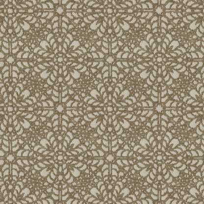 Beige taupe damask floral lattice jacquard fabric with repeating rosette motifs; elegant upholstery texture.