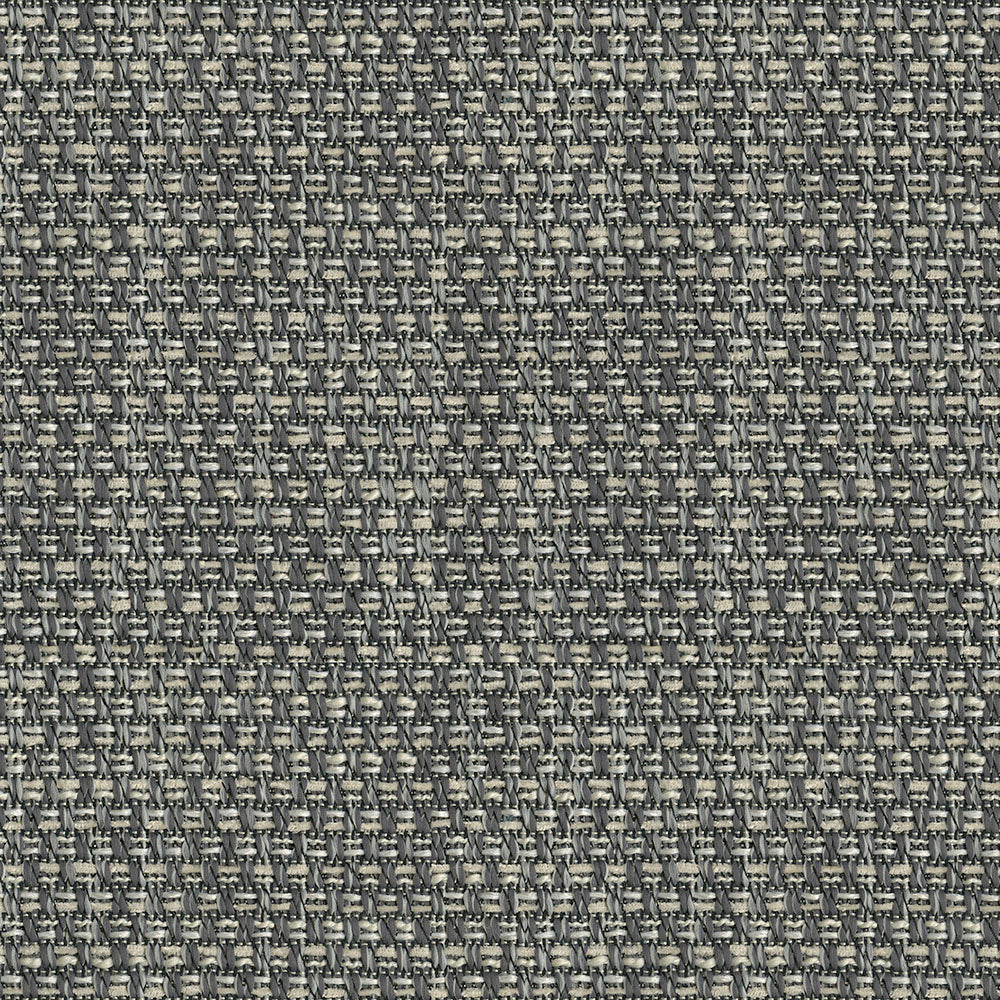 Close-up of gray tweed upholstery fabric with black and beige specks and a dense, woven texture.
