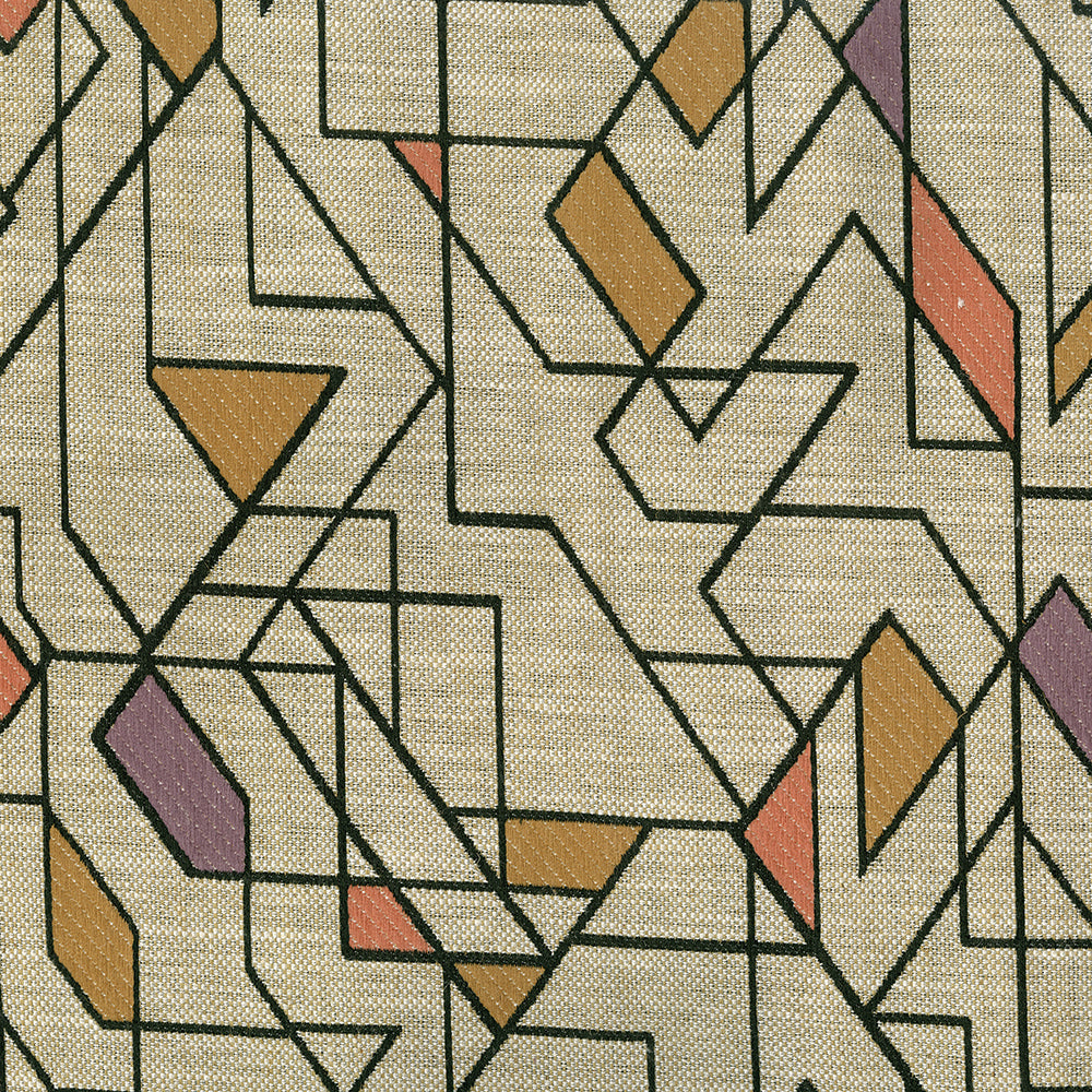 Beige woven fabric with black geometric outlines and scattered mustard, peach and lavender shapes; modern abstract print.